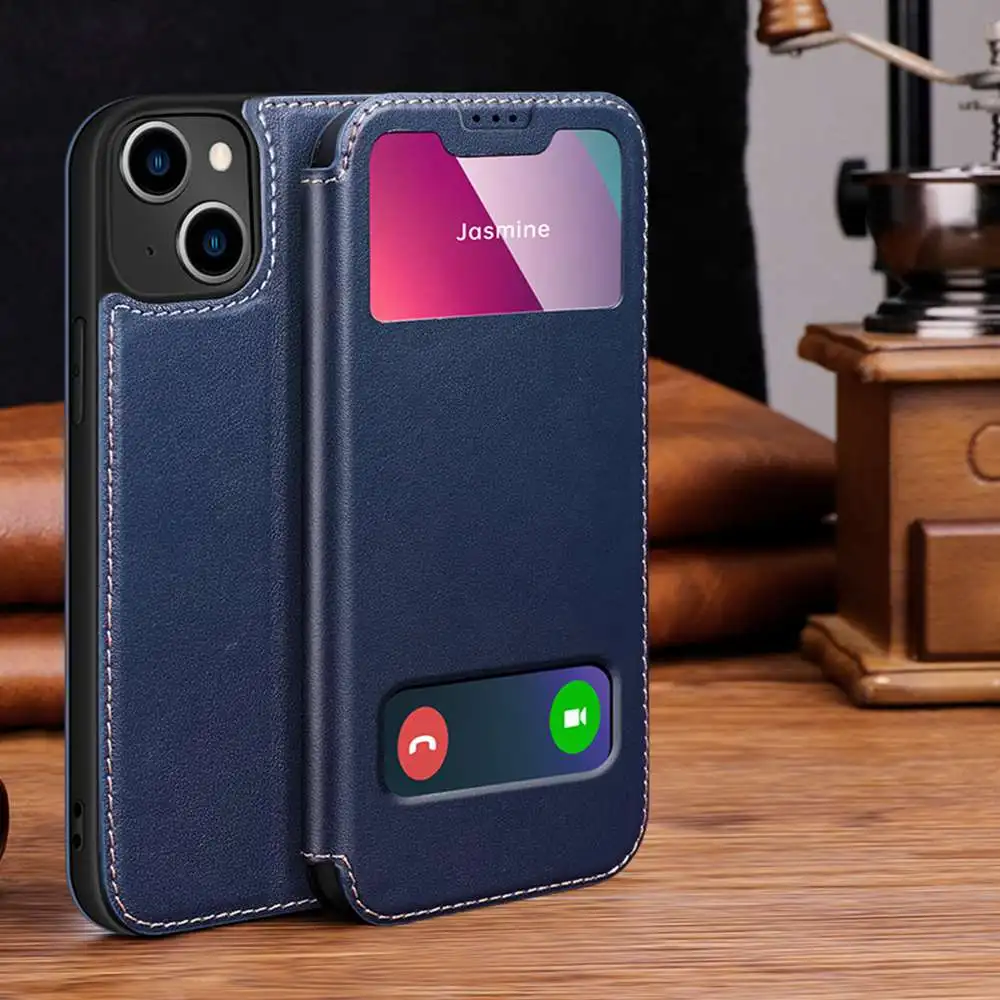 Genuine Leather Case For Iphone 14 13 12 11 Pro Max Plus Window View Coque For Iphone 13 Mini Cases Cover Magnetic Phone Shell