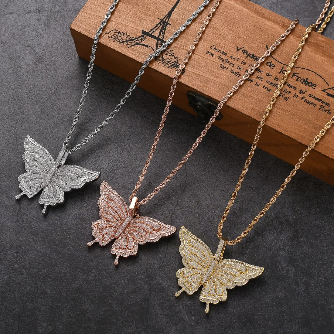 

Fashion Bling Bling Zircon Necklace CZ Butterfly Brass Pendants Men Hip hop Jewelry CN217