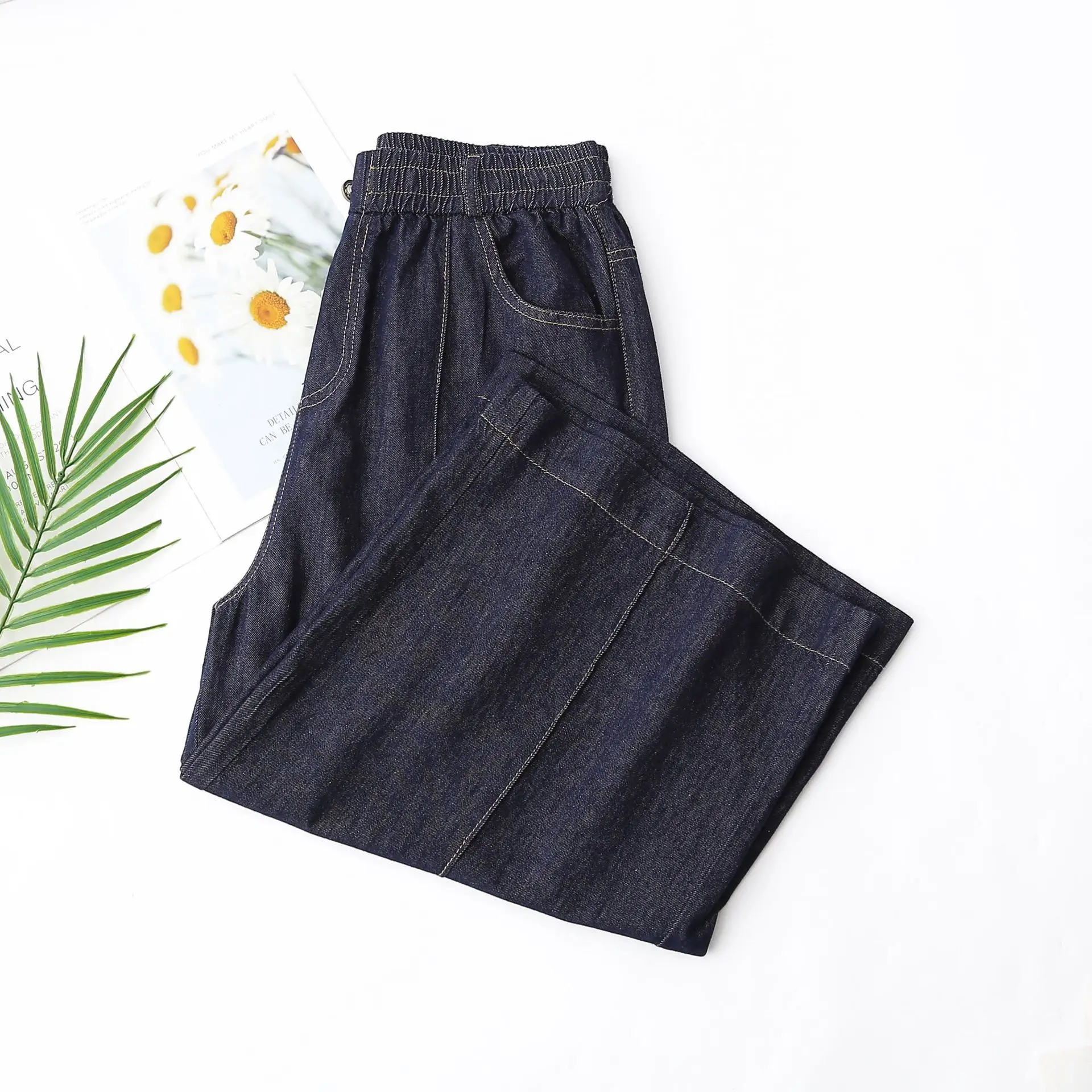 100KG Summer New Casual High Waiste Thin Lyocell Denim Capri Pants Plus Size Women Wide Leg Jeans 448