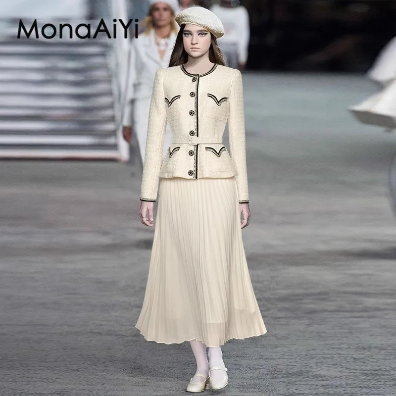 

MonaAiYi 2023 New Runway Fashion Designer Women's Coarse Tweed Tie Up Top Self-Cultivation Coat+Pleated Skirt 2-Piece Set