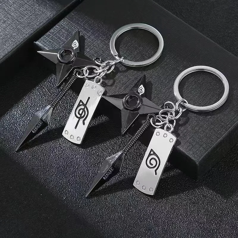 2021 Anime Naruto Konoha Rebellious Forehead Shuriken Kunai Three-piece Alloy Keychain Accessories Ladies Jewelry Gift. |
