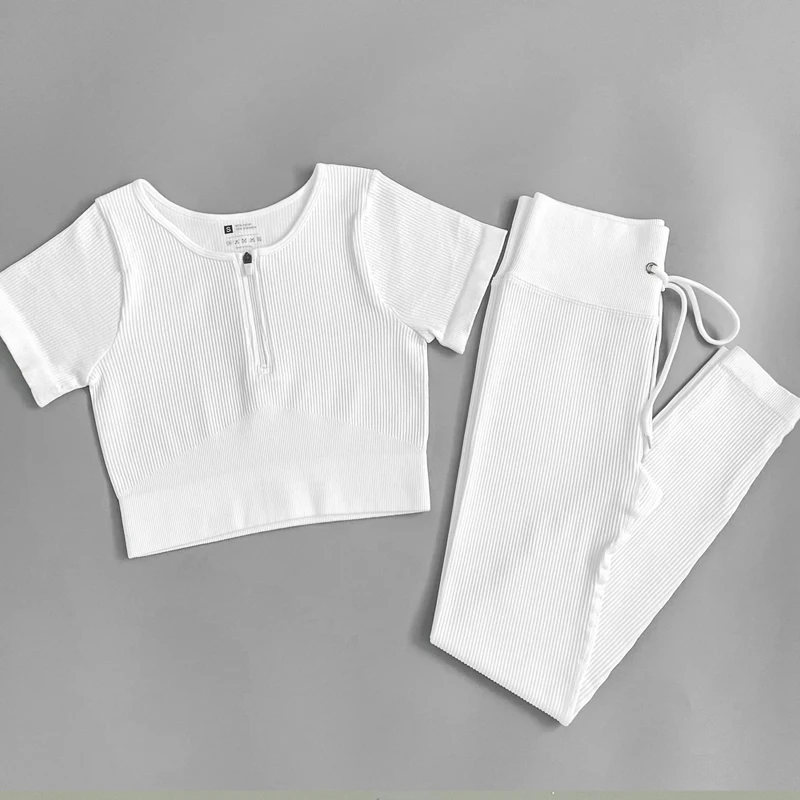 WomenSeamlessYogaSuitZipperShortSleeveTopSportsBraWorkoutSet