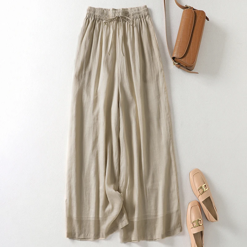 

New High-Waisted, Breathable, Double-Layered Ramie Wide-Leg Pants With Loose Drape And Thin Cropped Slacks