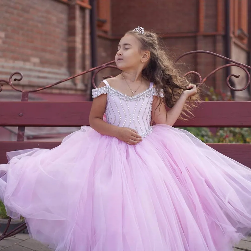 

Pink Beaded Crystals Flower Girl Dresses Ball Gown Tulle Little Girl Pageant Dresses Wedding Dresses Vintage Communion Gowns