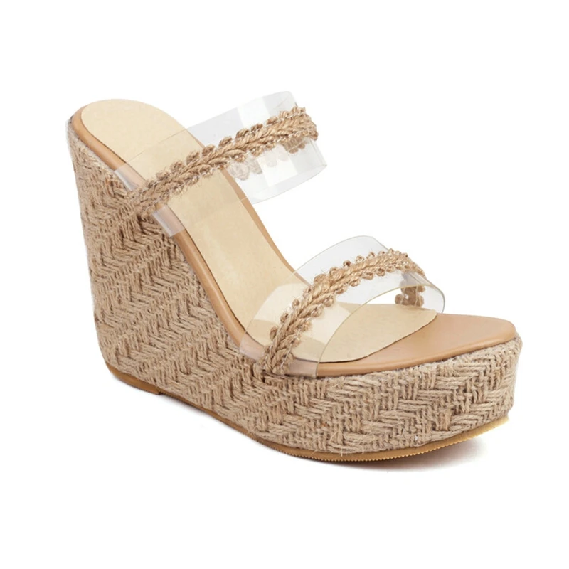 

New Retro Wedge Women Sandals Platform Heels Fashion Sexy Straw Open Toe Slippers Ladies Shoes Zapatos Mujer Big Size 48 966-30