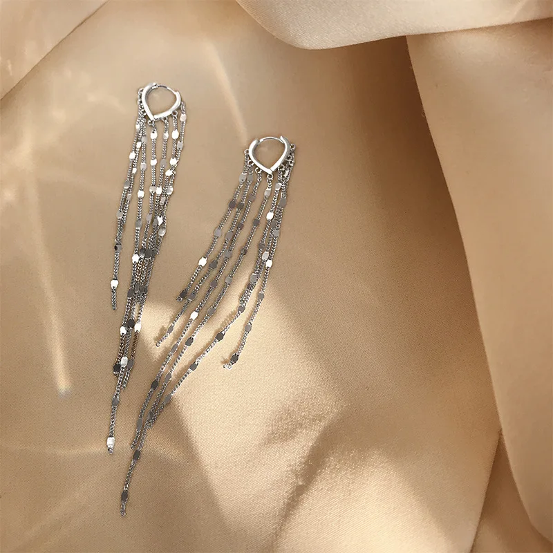 Silver Hand-made Long Chain Tassel Love Heart Hoop Earrings For Women hoop earrings,silver jewelry,long earrings,crystal tassel earrings
