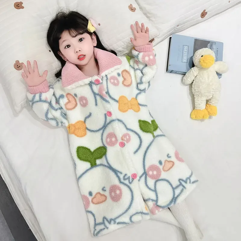 Children's Flannel Nightgown Autumn Winter Cartoon Children's Baby Warm Coral Fleece Pajamas Boys and Girls Bathrobes