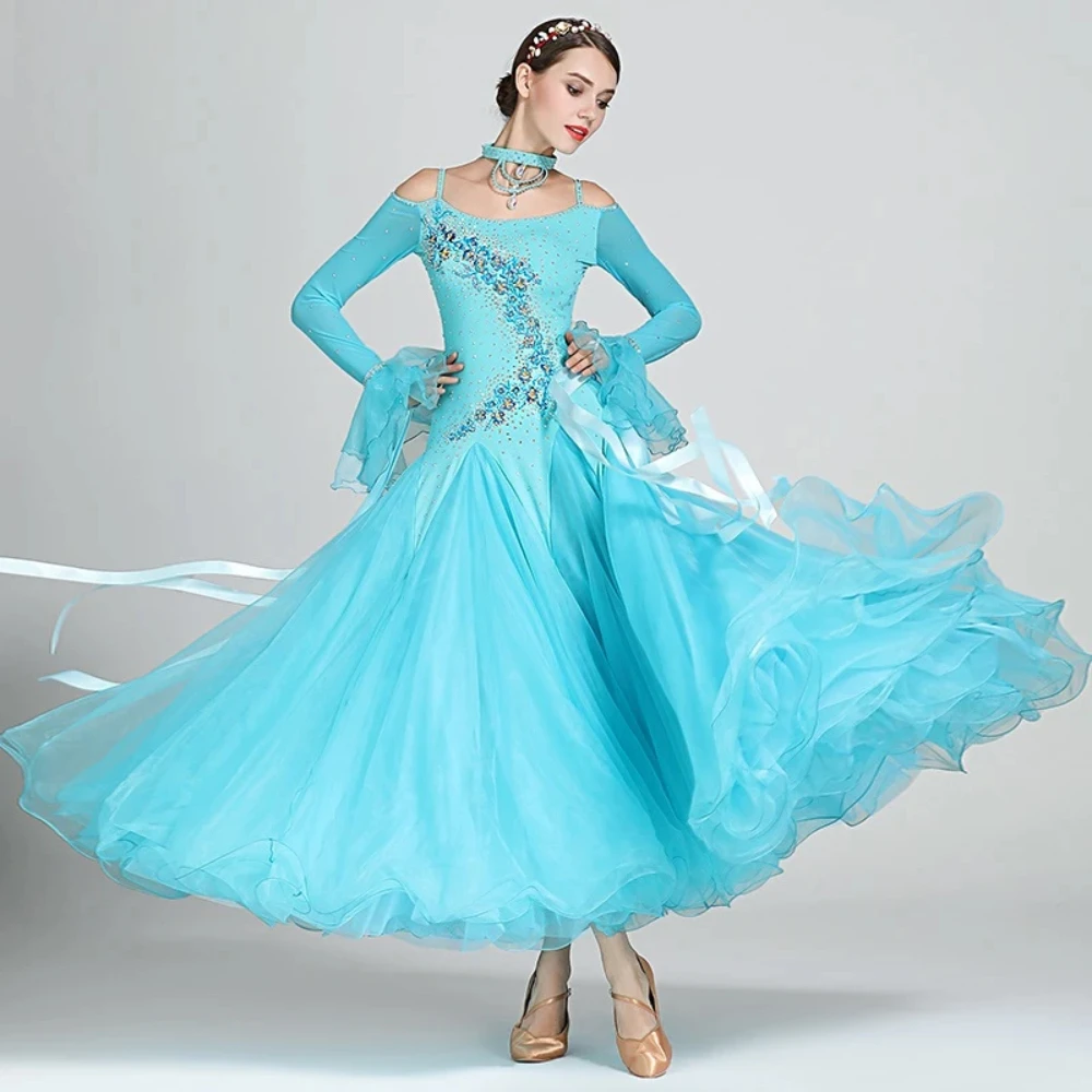 Blue Off Shoulder Ribbon Ballroom Dance Dresses Fringe Ballroom Dance Competition Dress Waltz Foxtrot Dress Rumba Costumes