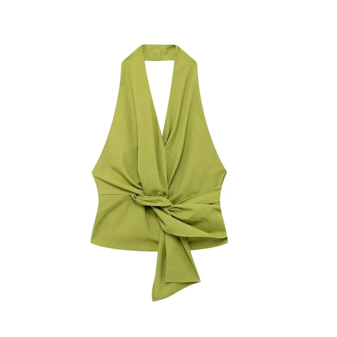 thumbnail image 1 of HH TRAF 2024 Conjuntos femeninos con escote en V, sin mangas, espalda descubierta, cremallera, blusa + cintura elástica, pantalones anchos con cordones, traje de verano para mujer a la moda, 1 of 5