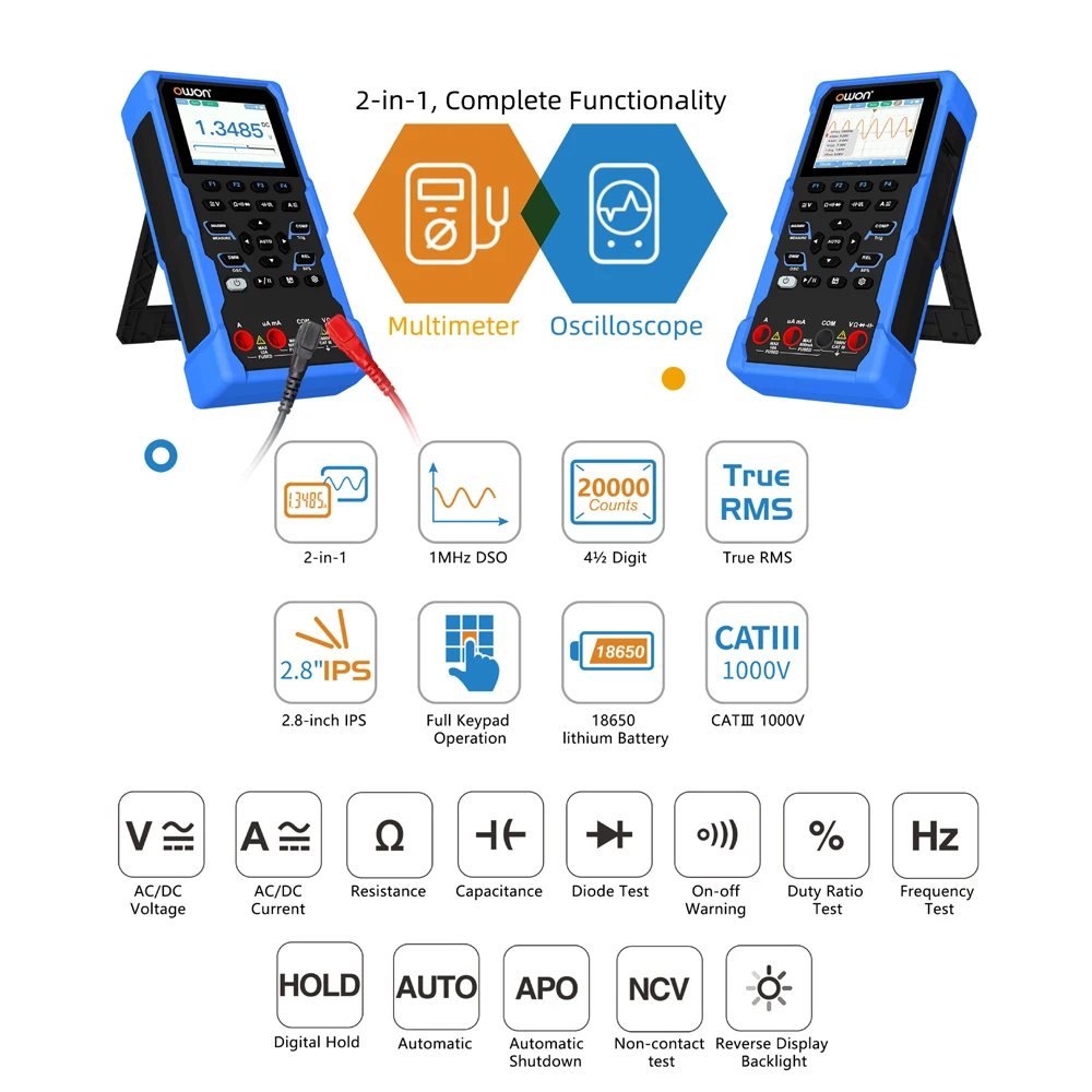 OWON HDS120 Oscilloscope Multimeter,4 1/2 Digit True RMS Multimeter,1MHz Digital Oscilloscope,AC DC Voltmeter Current Measure 3
