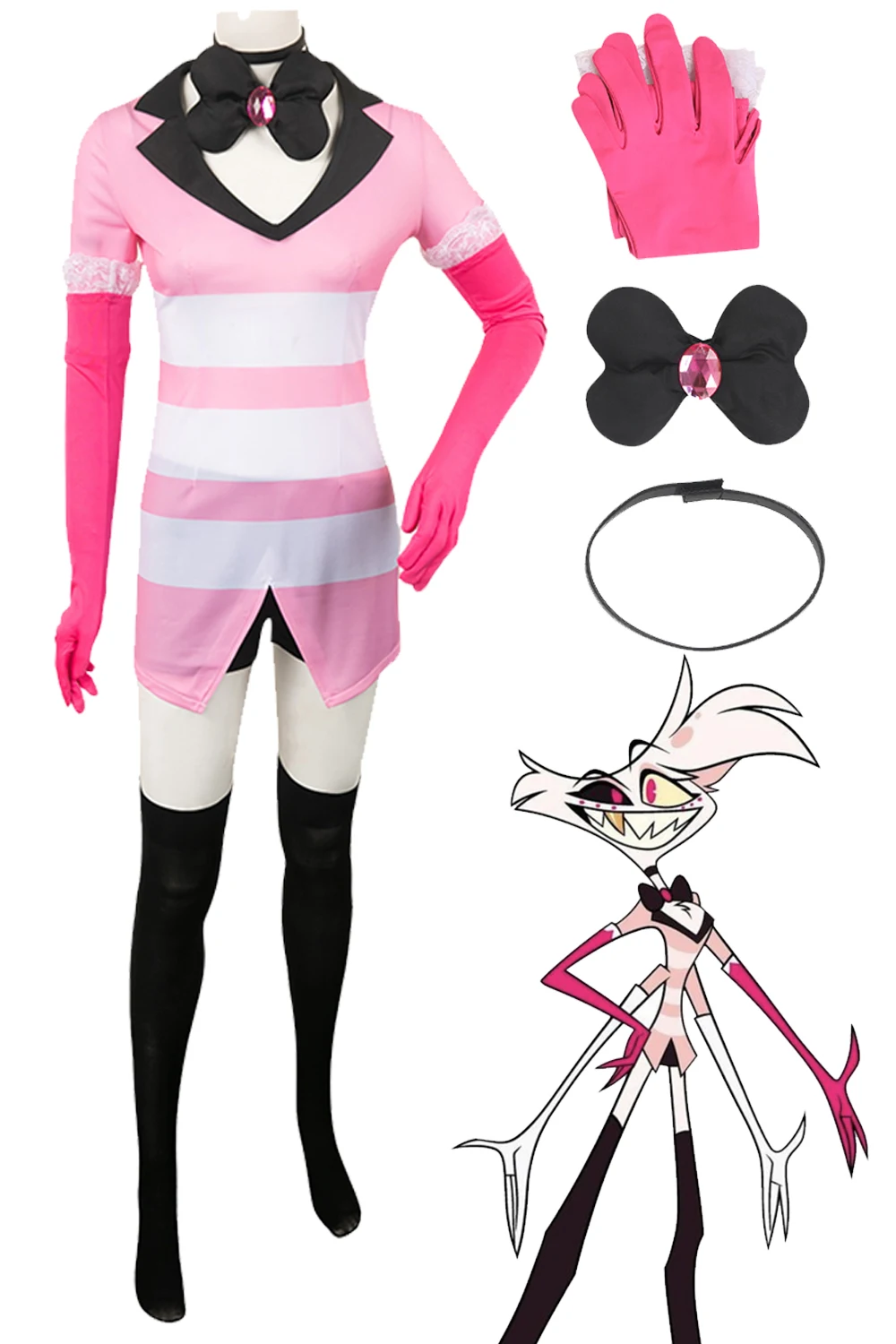 

Angel Dust Cosplay Pink Dress Up Jacket Outfit Anime Cartoon Hotel Disguise Costume Gloves Bow Tie Women Halloween Roleplay Suit