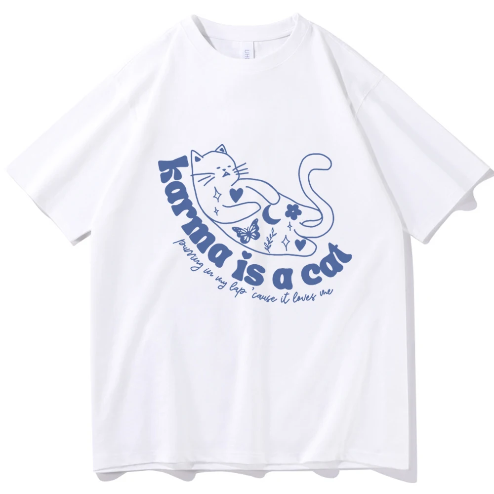 

Karma Is A Cat Shirt Taylor Midnights Shirt Gift for Fans Cat Lover Shirt Swiftie Shirt O-Neck Cute Short Sleeve Shirts