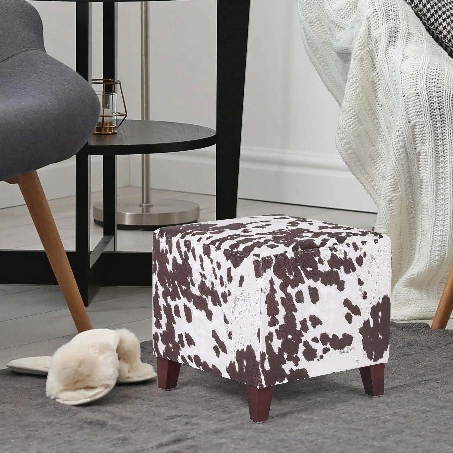 Small Foot Stool Ottoman, 16.3" Linen Cube Ottoman Foot Rest with Wood Legs, Upholstered Ottomans Footstool