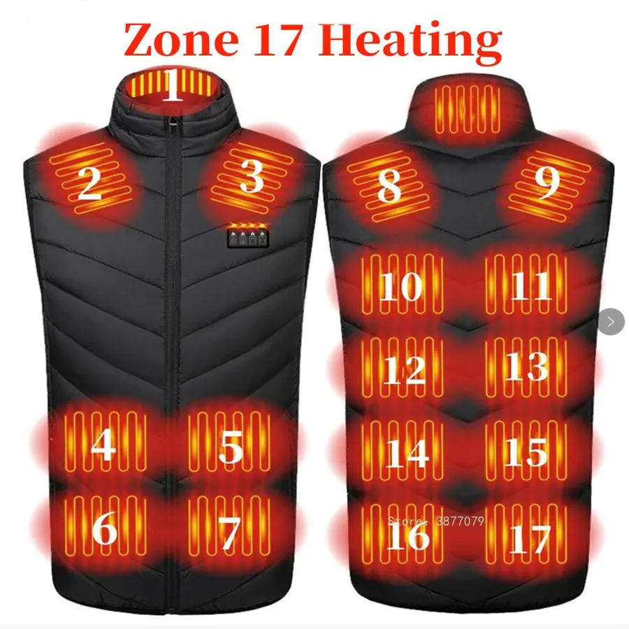 17 Places Heated Vest Men Women Usb Heated Jacket Heating Vest Thermal Clothing Hunting Winter Heating Jacket BlackS-6XL
