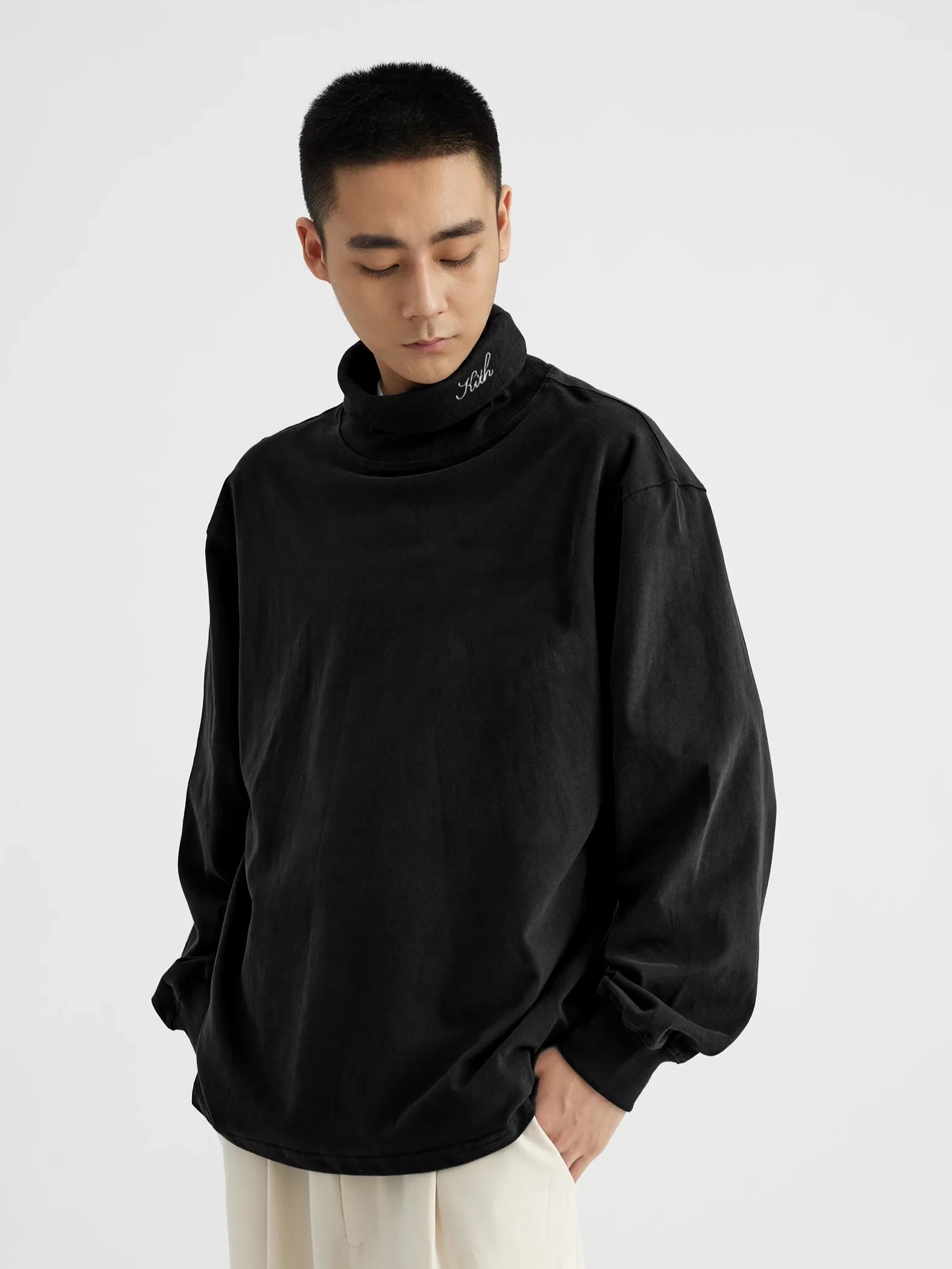 KITH 24 Autumn High Collar Long Sve Embroidered Logo Casual Pure Cotton Base Layer T-irt Men's Comfortable Warm Underwear