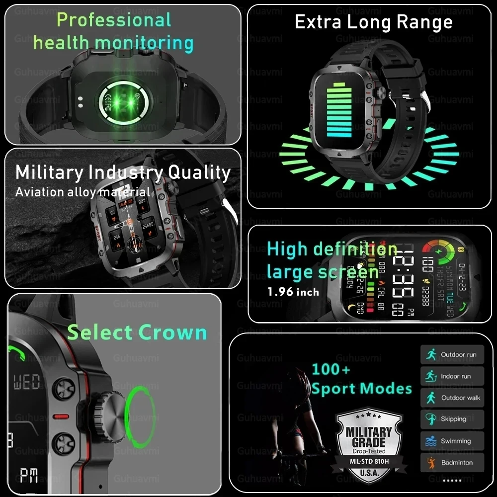 Smart Watch Men Rugged Durable 1.96 \'\' HD Display Bluetooth Call 420mah Blood Pressure 3ATM Sport Smart Watch For Huawei Xiaomi