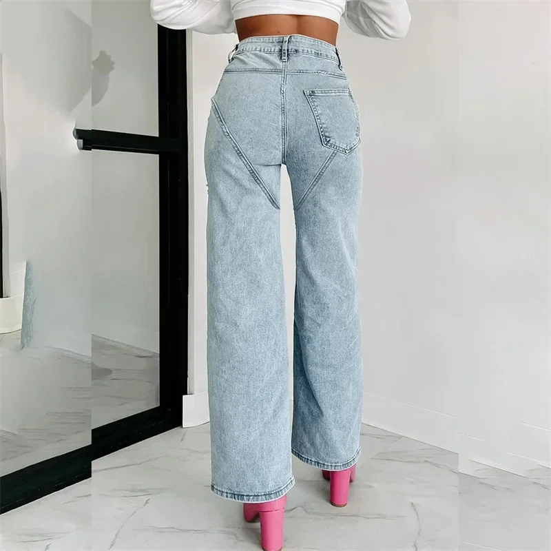 2024 Fashion Thigh Split Diamante Decoration Straight Jeans Women Casual Denim Trousers High Waist Pants Female Trend Streetwear 2