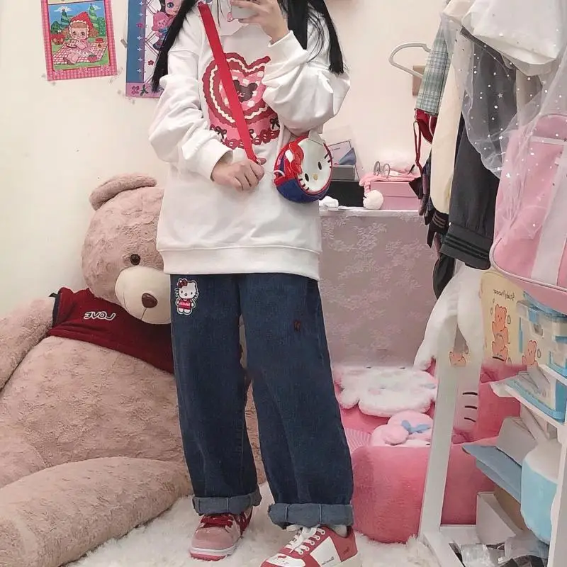 

Джинсы Hello Kitty Sanrio женские с высокой талией, тонкие прямые свободные джинсы с завышенной талией, в японском стиле ретро, для девушек, студентов