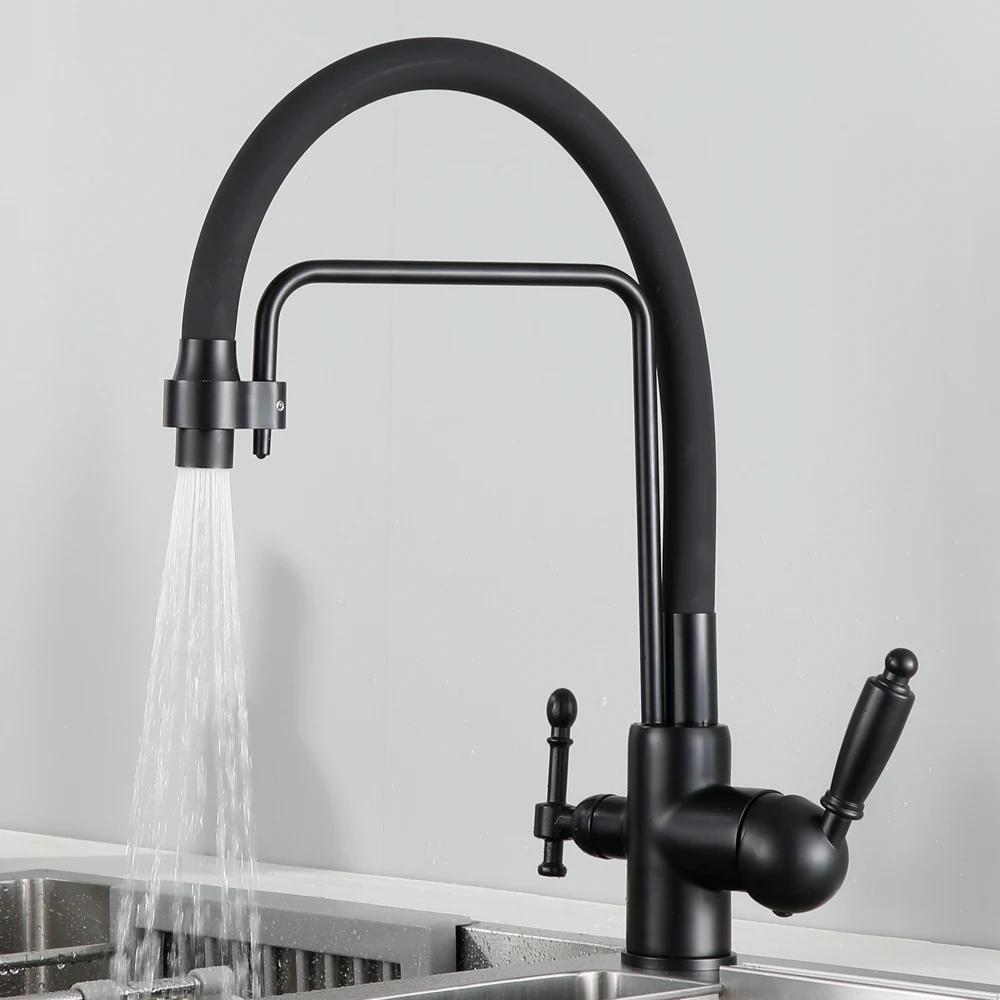 MYNAH Kitchen Purified Faucet 360 Degree Dual Holes Spout Black White Grey Brown Chrome Hot and Cold Water Sink Mixer Taps