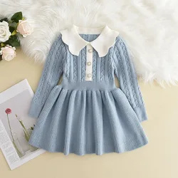 Girls' Knitted Ruffle Sweater Dress - Cozy Winter & Autumn Wear - 7T (AH9412Blue)