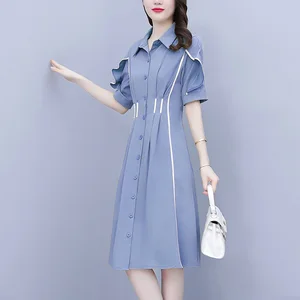 2024 New Women Dress Summer Fashion  Polo Neck Short Sleeve Shirt  Single breasted Slim Fit Knee-Length Dresses Vesidos mujer