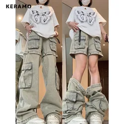 Harajuku Vintage High Waist Loose Jeans Pockets Patchwork Sexy Pants Women's Y2K Wide Leg Baggy High Street Style Denim Trouser