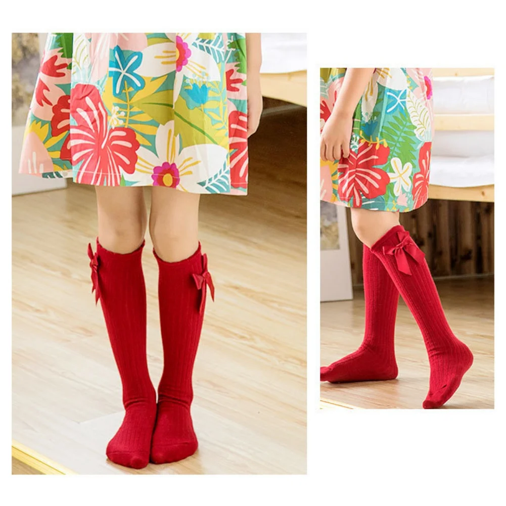 3-12Y Kid Girls Bow Knee High Long Socks Solid Color Medium Tube Socks Soft Cotton Princess Socks Spring Autumn Children Socking 6