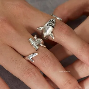 2 pz/set Anelli di Squalo Stile Punk Squalo Bianco e Martello Anelli di Squalo Apertura Regolabile Anello di Metallo Gioielli per Le Donne Degli Uomini Regali 1