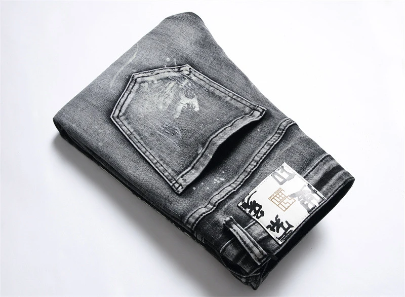 

Fashion Hot Selling Custom Men Straight Skinny Pants Patchwork Ripped Button Denim Jeans