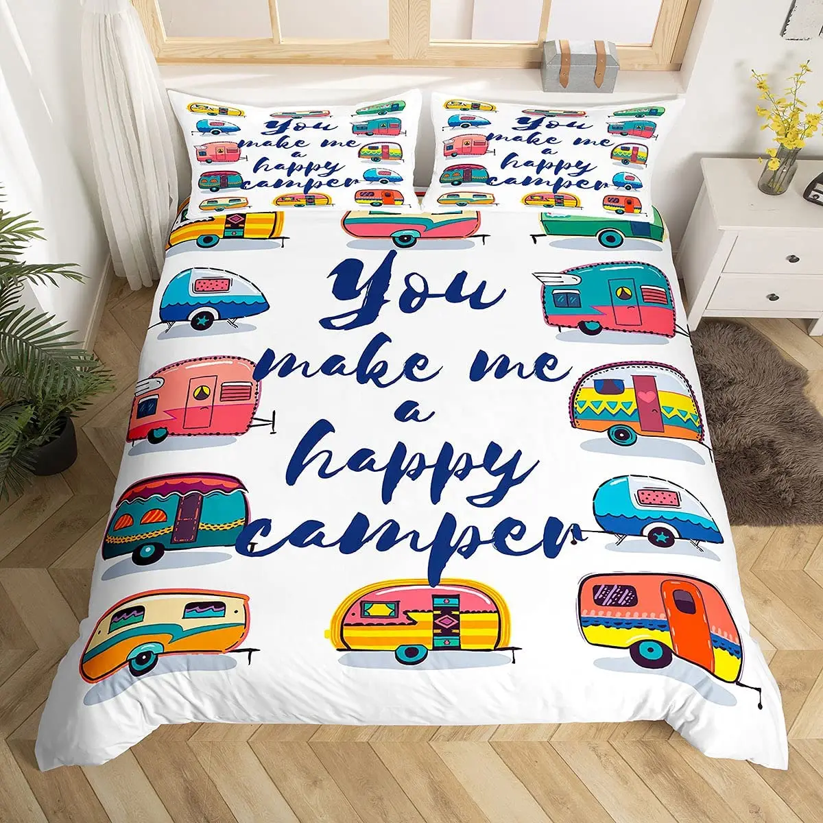

Camper Car King Queen Duvet Cover Cartoon Camping Bedding Set for Kids Boys Girl Toy Camp Travel Rv 3pcs Polyester Quilt Cover
