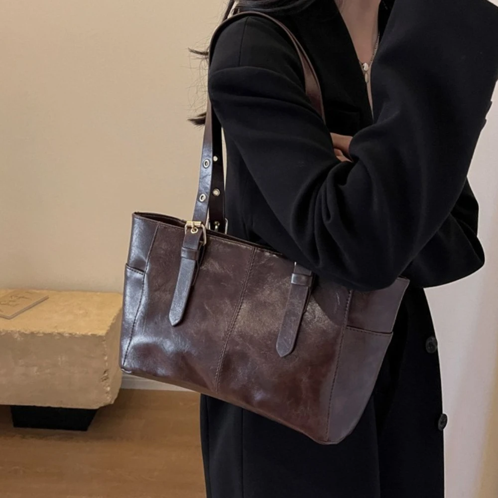Fashion Retro Women PU Leather Shoulder Bags Trend High End Lady Tote Bag Large Capacity Female's Commuter Bag Handbag Purses