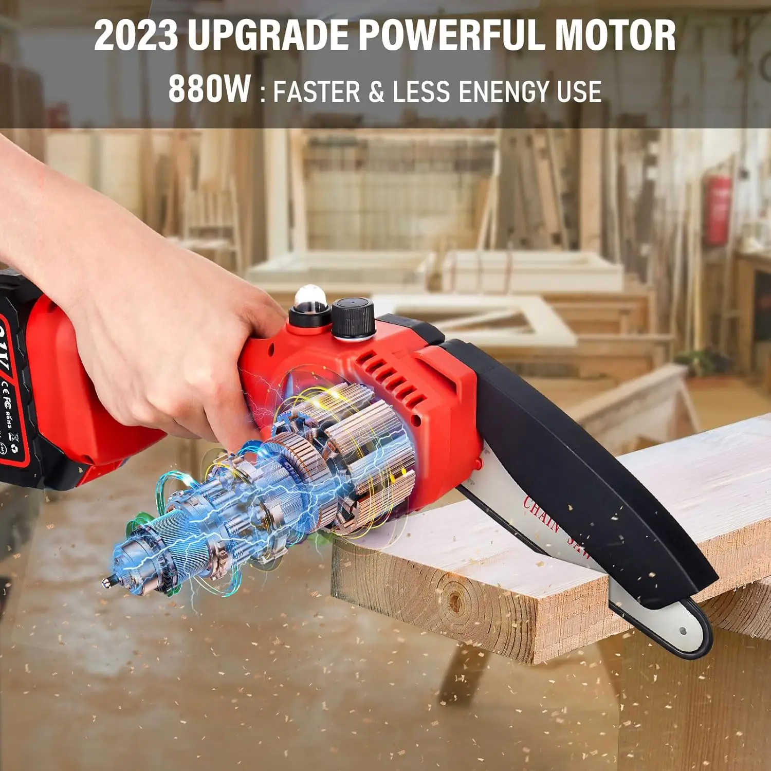 Cordless Mini Chainsaw 6 Inch [Women Friendly] Small Battery Powered Electric Saws With Security Lock & Auto Oiler System