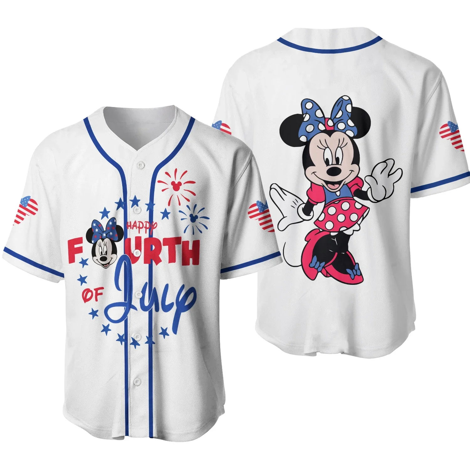 

Disney Baseball Jersey Mickey Minnie July 4th Happy White Blue Disney Men's and Women's Baseball Jersey