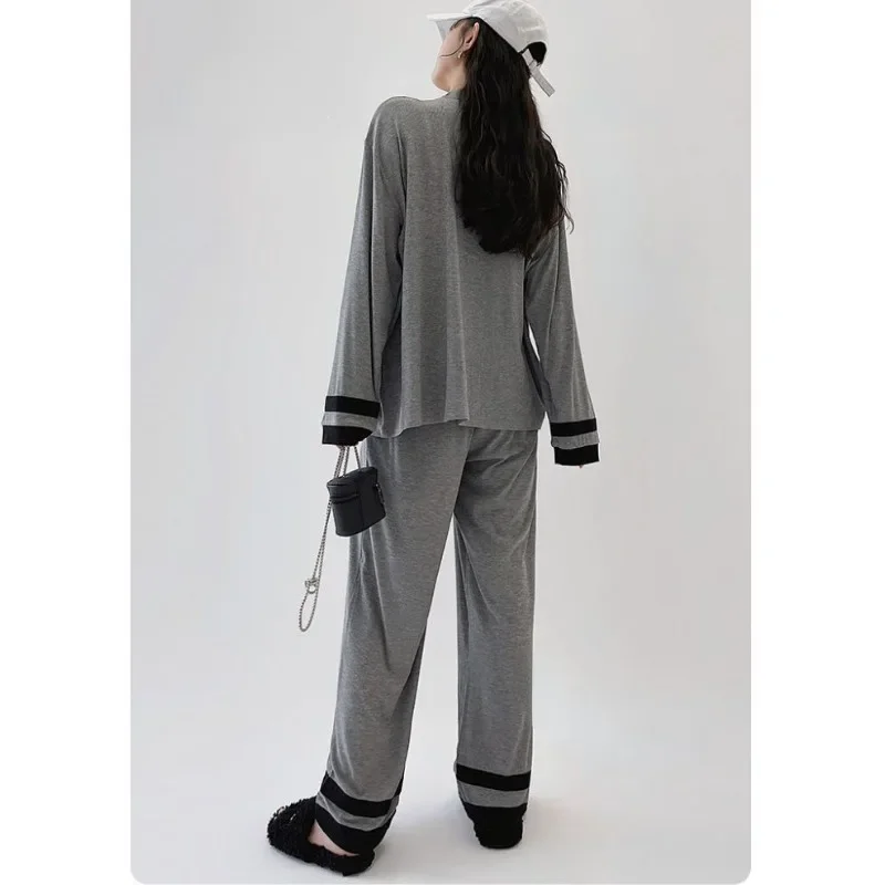 2024 King Size Slouchy Style Sleepwear Long Sleeve Pajama Women's New Fashion Homewear Thin Simple V-neck Loose Loungewear Set