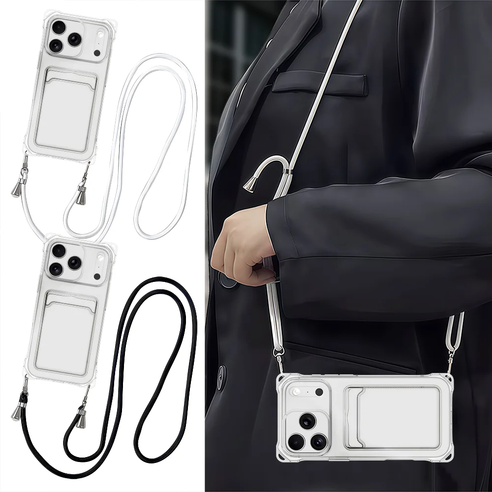 Enhanced Shockproof Silicone Clear Case Cover with Detachable Lanyard and Card Slot