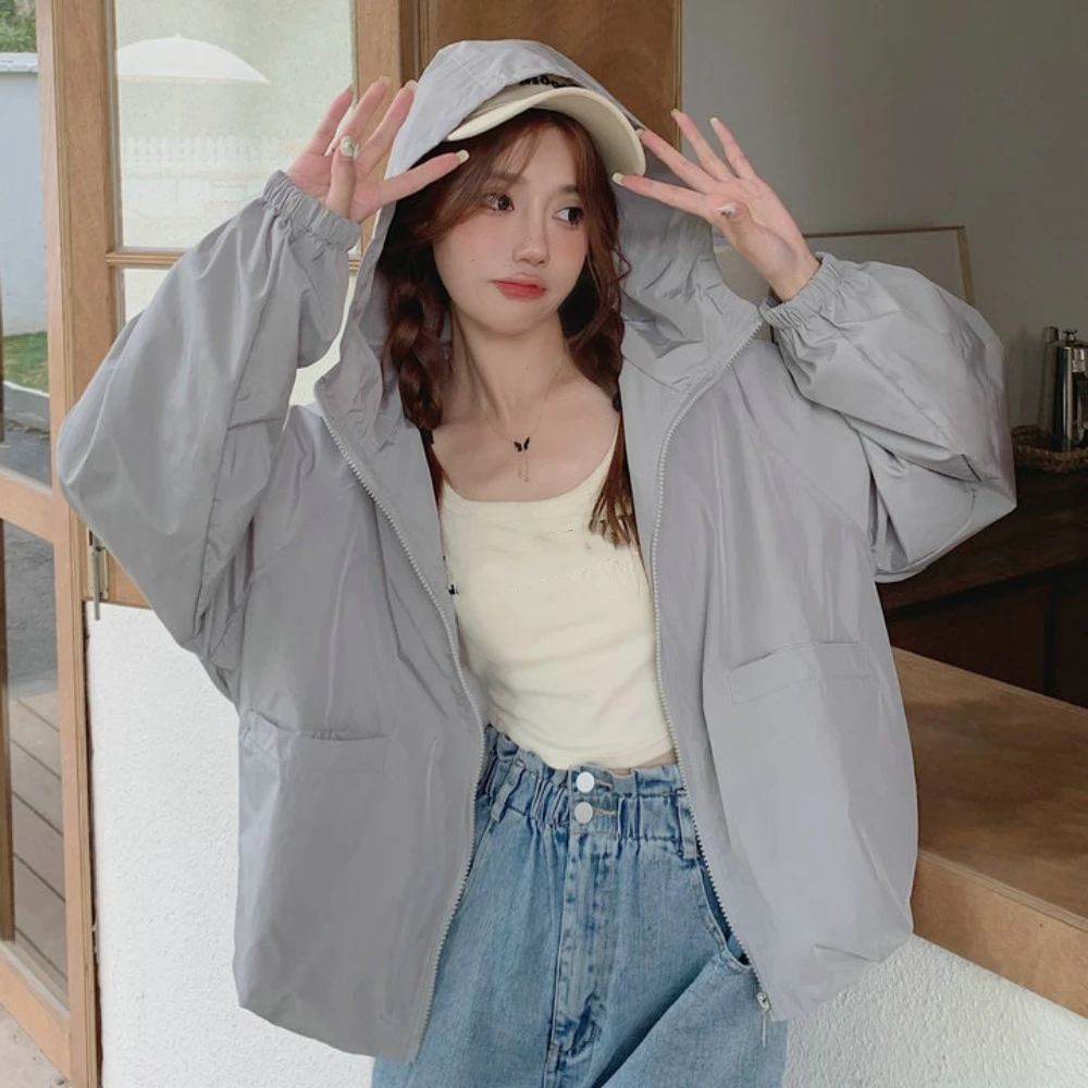Casual Loose Sunscreen Coat Women Solid Color Windproof Sun-Protective Tops Quick-Drying Clothing Hooded Jacket Spring Autumn