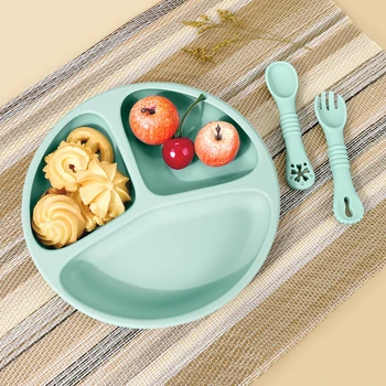 TYRY.HU 3pcs-1set Silicone Baby Feeding Set Divided Suction Plate Silicone Spoon Fork First Feeding Essentials Children Gift ﻿