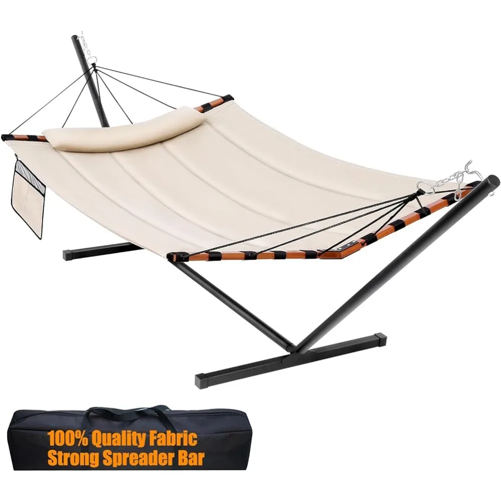 

12FT 2 Person Hammock With Stand Included 55 X 79IN Large Hammock 450LB Capacity With Hardwood Spreader Bar & Nylon Rope Seesaw