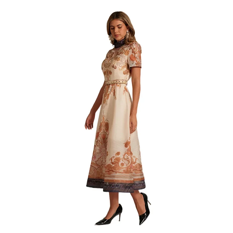 Retro Court Style Paisley Print Short Sleeve Long Dress Vintage Floral Cotton Maxi Dress for Women Baby Clothes Children's Shoes