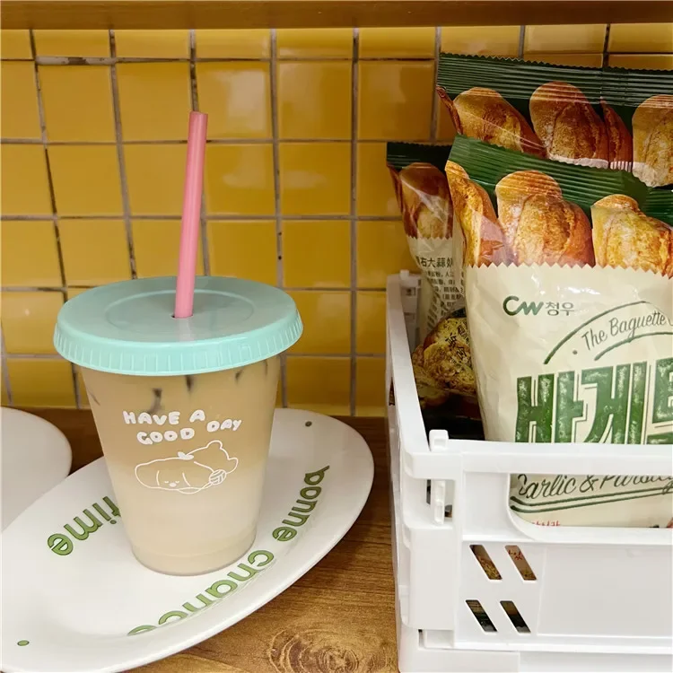 1pc Cute Water Bottle For Coffee Juice Milk Tea Kawaii Plastic Cold Cups With Lid Straw Portable Reusable Drinking Bottle BPA