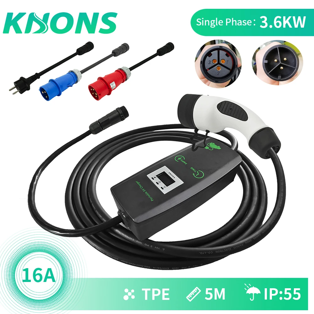 Khons EVSE Type 2 Electric Vehicle EV Charger With Schuko Plug Adapters