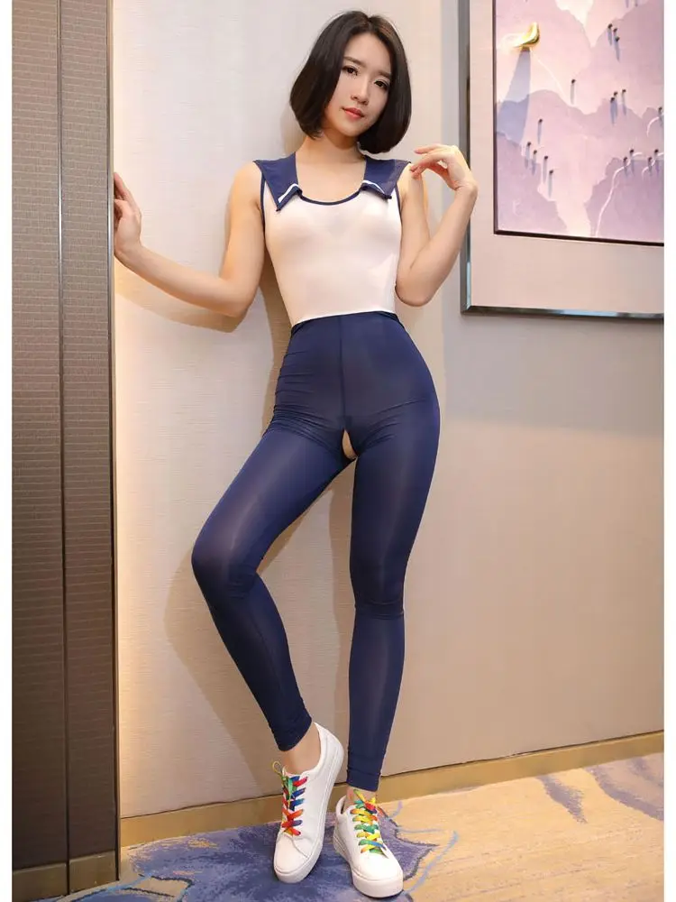 

Sleeveless Cosplay School Uniform Catsuit Zip Open Crotch Bodysuit Tights Leotard Conjoined Sexy Clubwear Lingerie Body Unitard