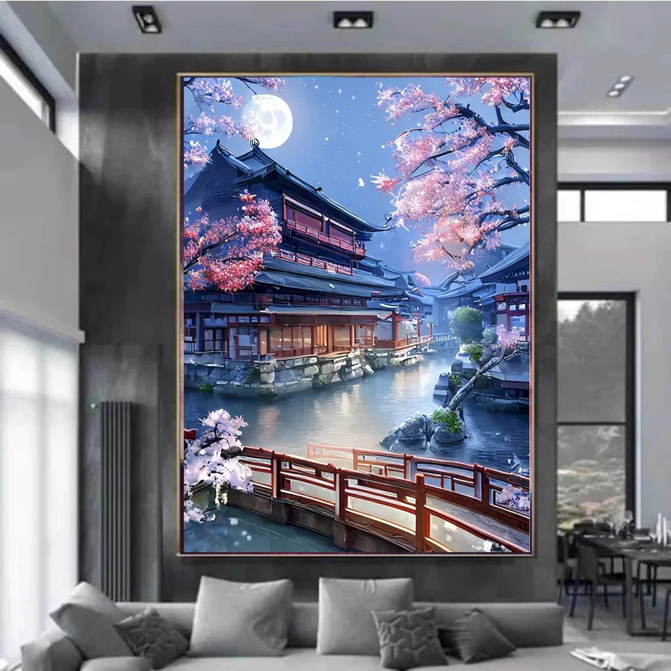 5D DIY diamond painting scenery ancient Chinese city flower water