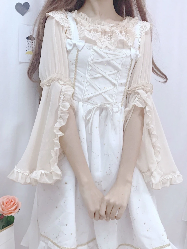 KOSAHIKI 여성용 레이스 셔츠 로리타 블라우스, 스플릿 플레어 슬리브 2025, 일본 쉬폰 블라우스, 귀여운 프레피 스타일 코스프레 상의
