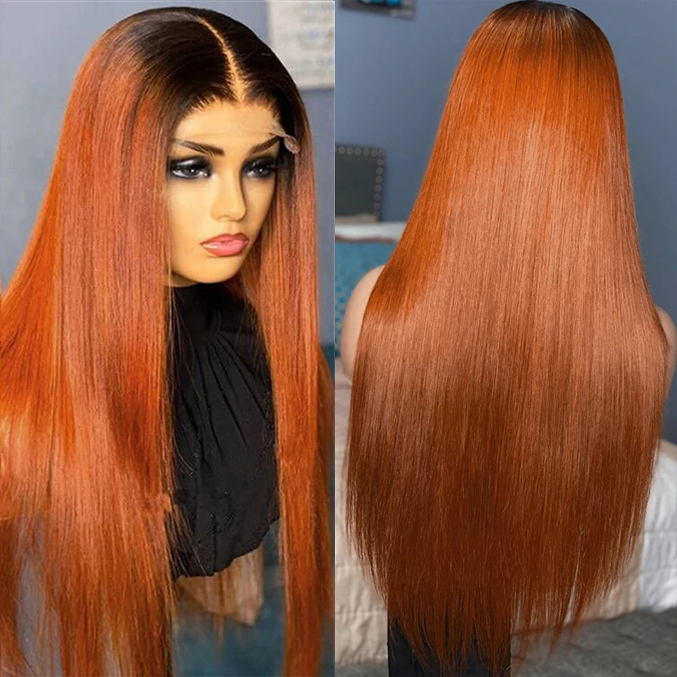 Ginger Orange Lace Front Wig Bone Straight Human Hair Wig for Black Women Ombre Color Short Bob 1B Orange Human Hair Lace Wig