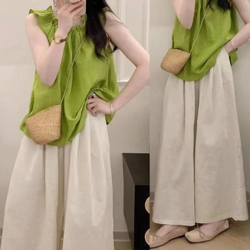 Maternity Suit Summer Matching Set Elegant Age-Reducing Stylish Green Top Pants 2-piece Set For Pregnant Women