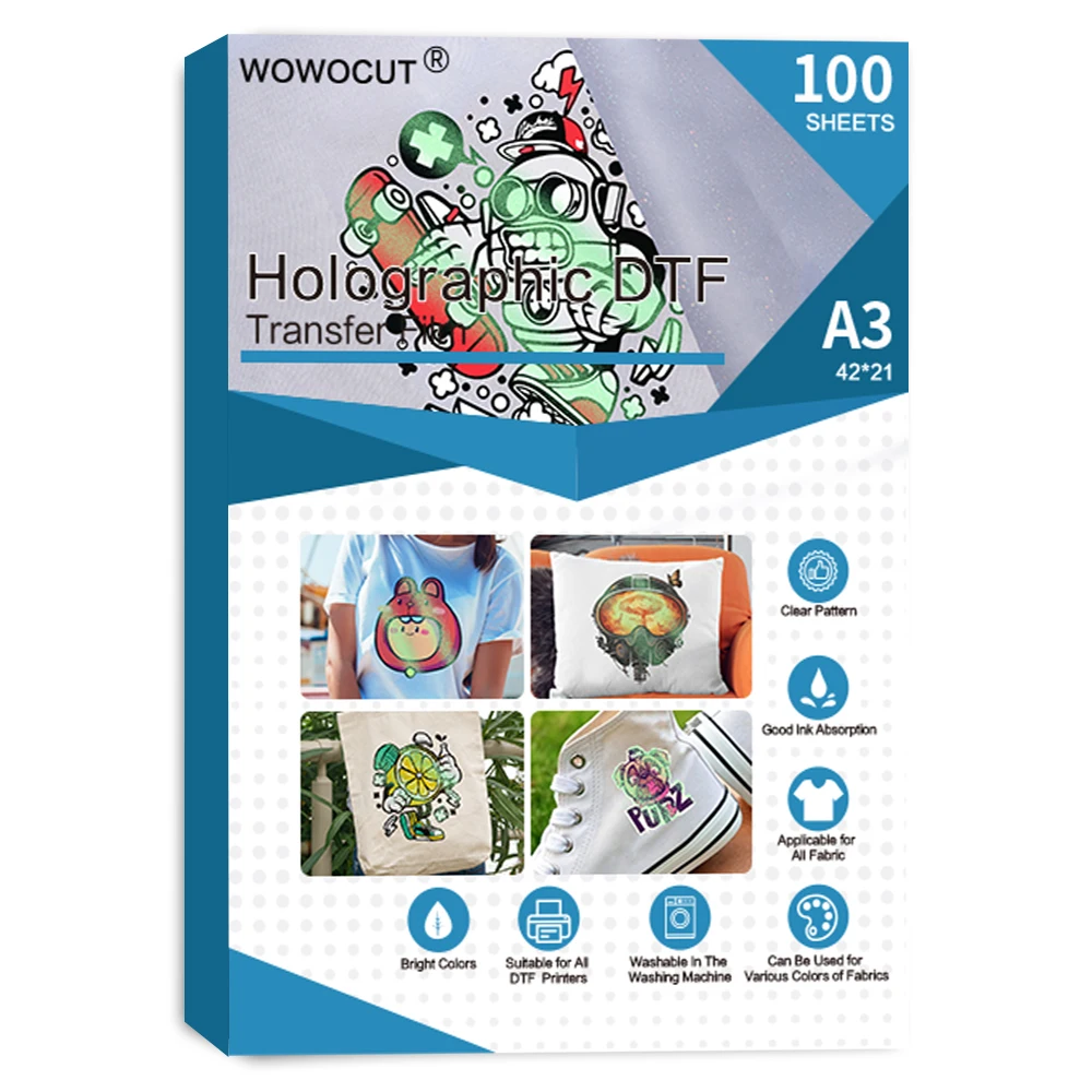 

WOWOCUT 100 PCS Holographic DTF Transfer Film A4 A3 Printable Matte Iron-On Heat Transfer Paper for Dark Light Fabric T-shirts