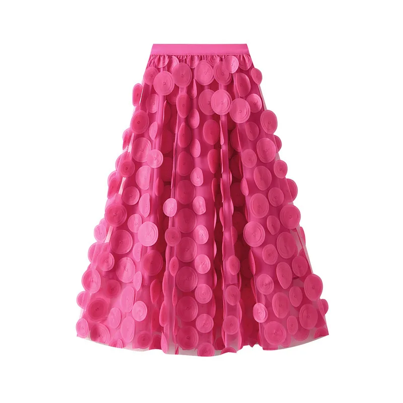 Autumn Winter 3D Circular Applique Mesh Long Skirts 2026 Korean Fashion Hepburn Style High Waist A-LINE Skirt