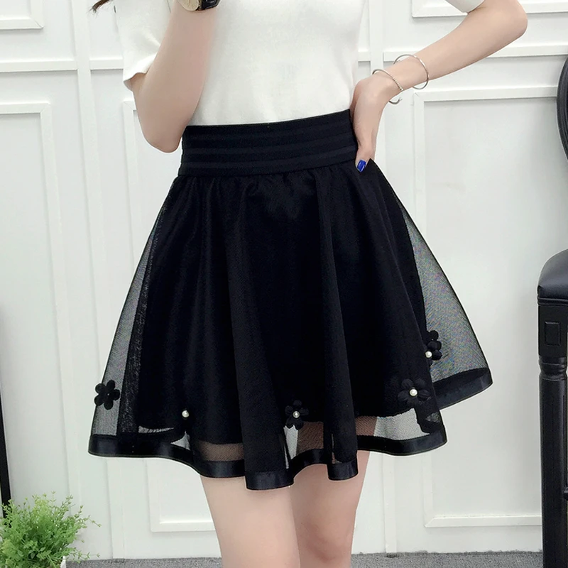 2021 New Spring Summer and Autumn Mesh Short Skirt Elastic Waist Versatile Pengpeng Skirt A-line High Waist Lace Lady Girl black mini skirt Skirts