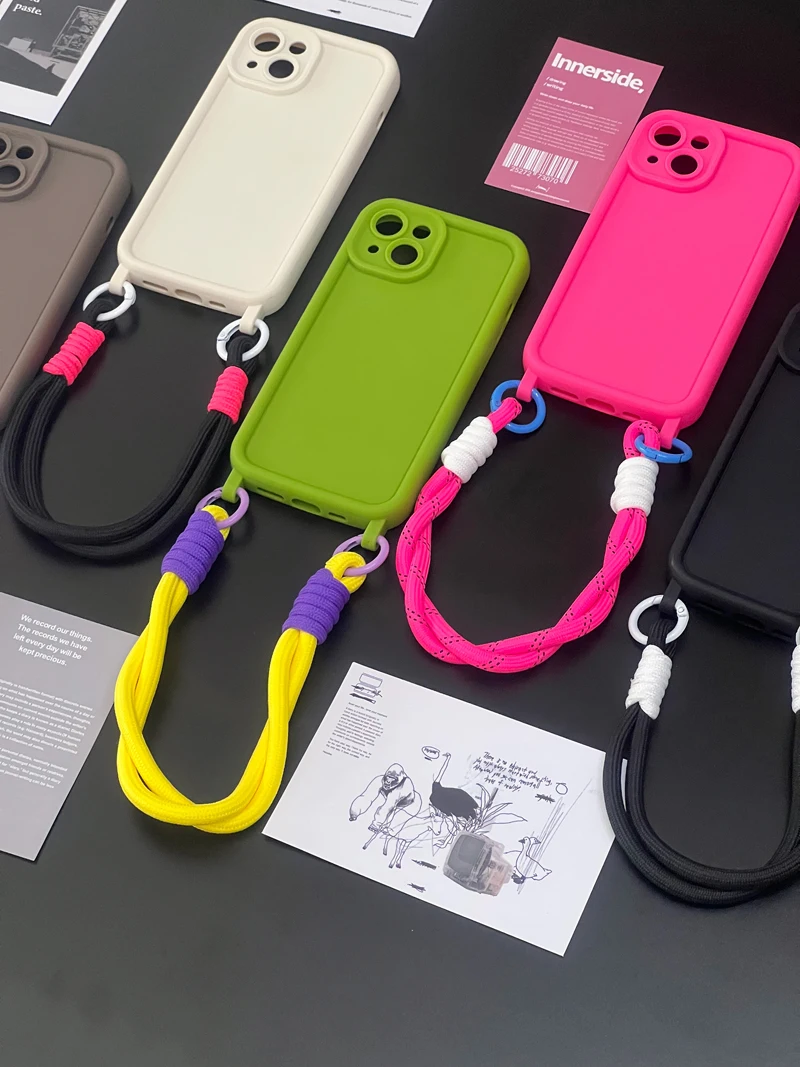 Candy Color Phone Case With Double Lanyard For Iphone Series_voghion.com